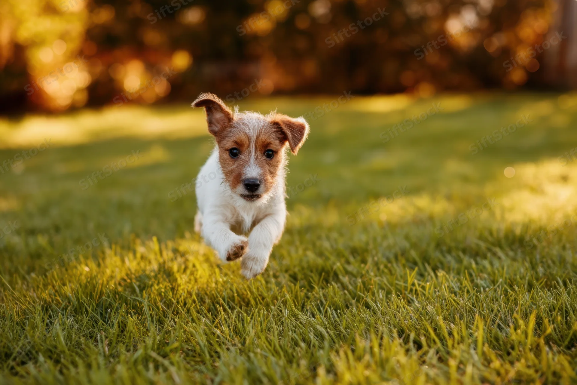 Jack russell puppy running across sunlit grass in a yard