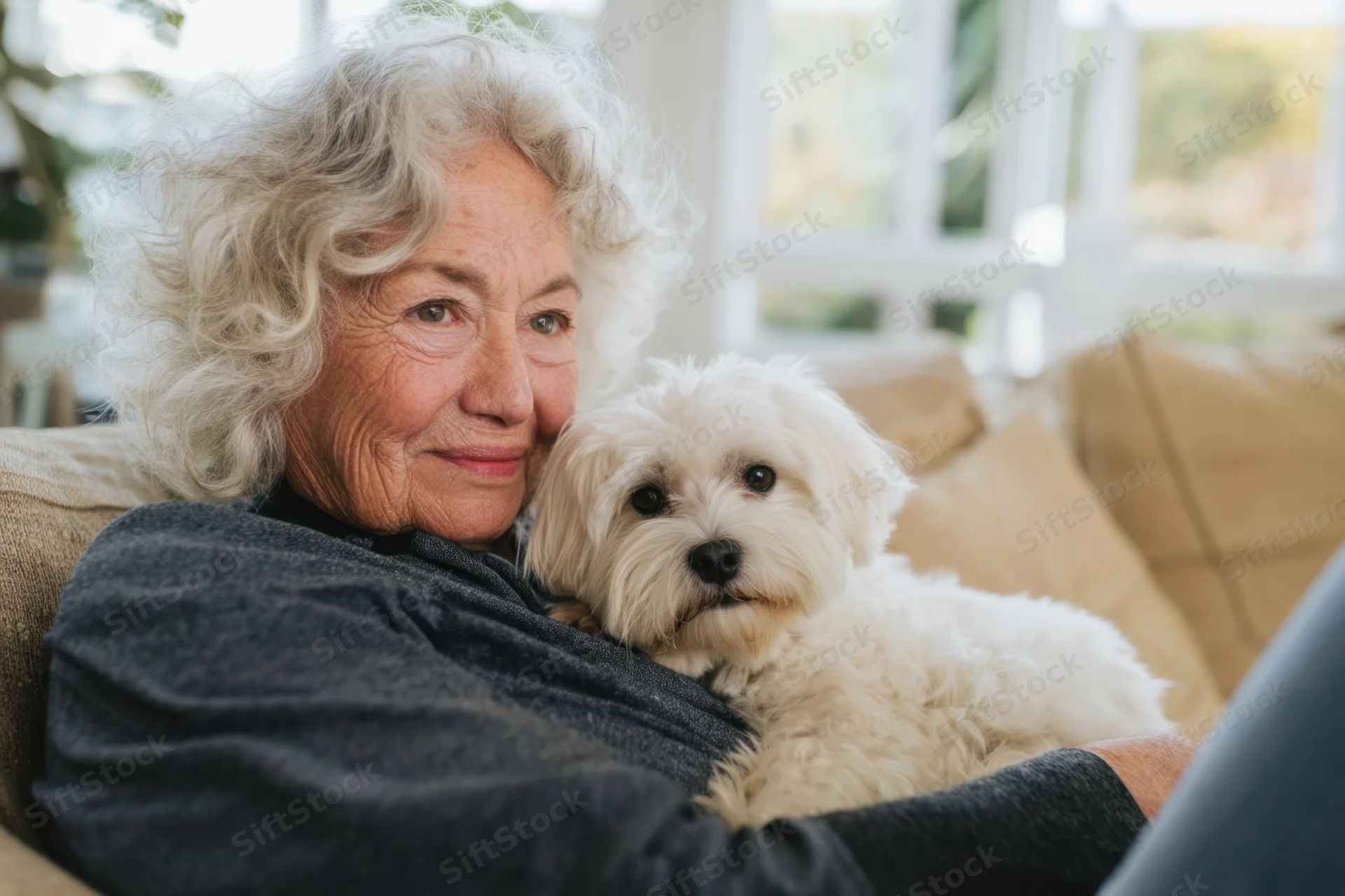Elderly woman hugging small white fluffy dog on couch indoors