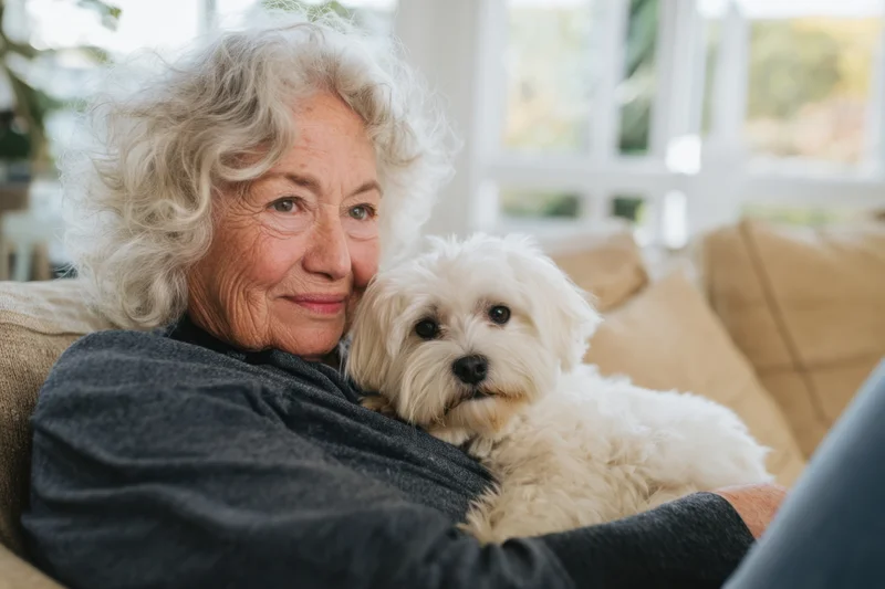 Elderly woman hugging small white fluffy dog on couch indoors