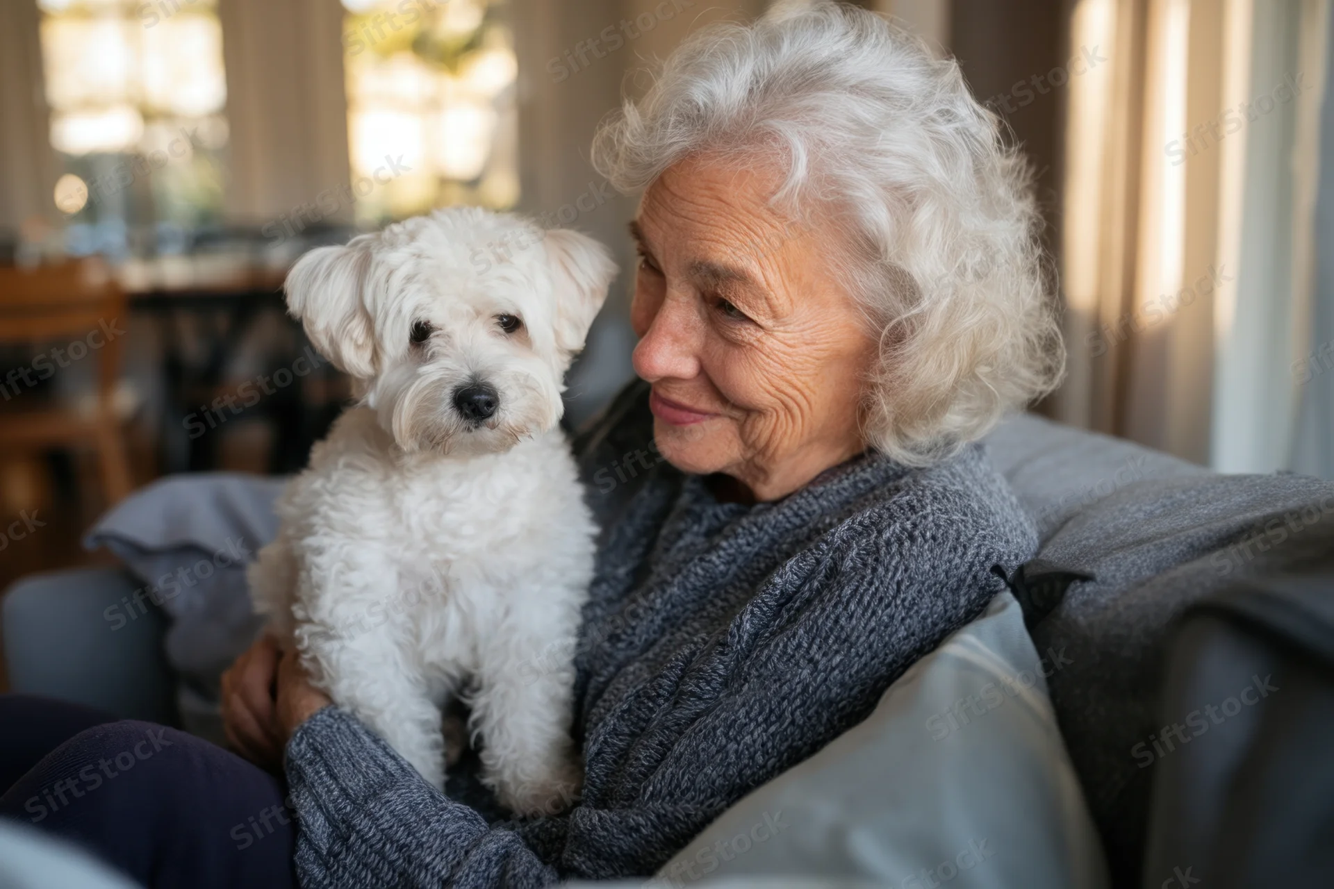 Elderly woman holding small white fluffy dog on her lap in living room