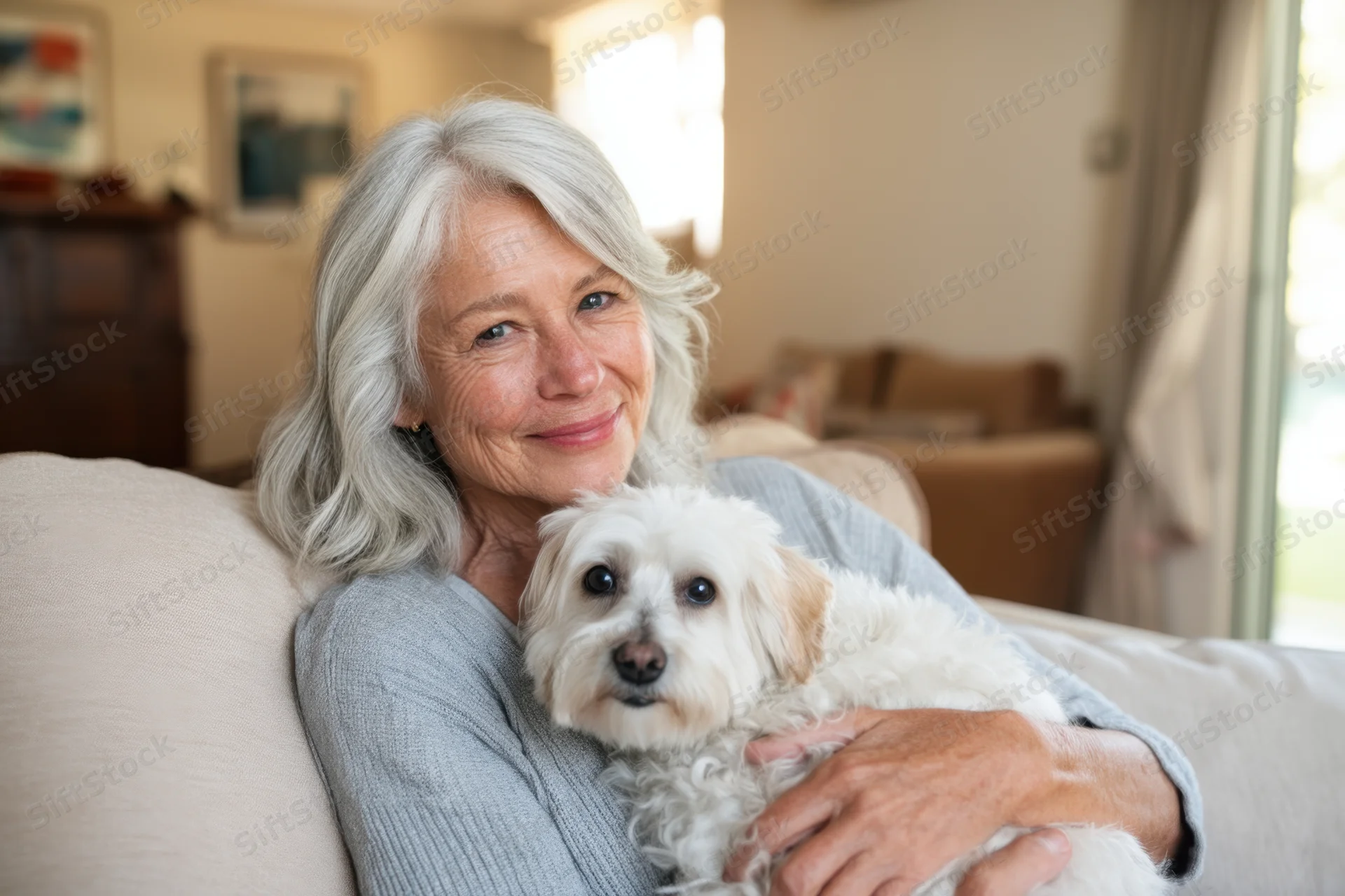 Senior woman smiling while holding small white fluffy dog on her lap on couch in living room