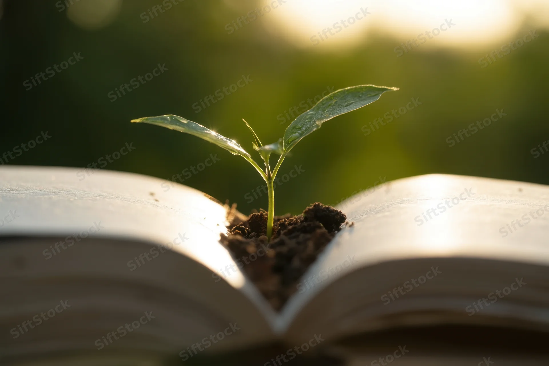 Small green seedling growing from soil placed in the center of an open book outdoors in sunlight