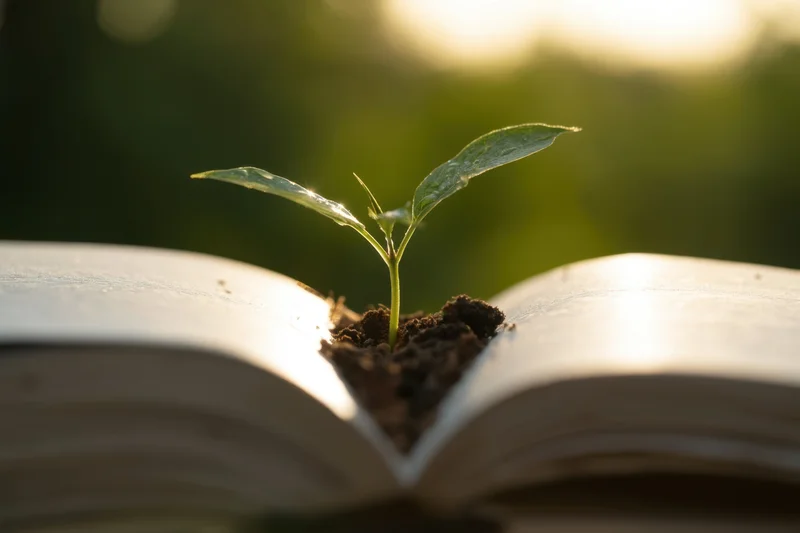 Small green seedling growing from soil placed in the center of an open book outdoors in sunlight