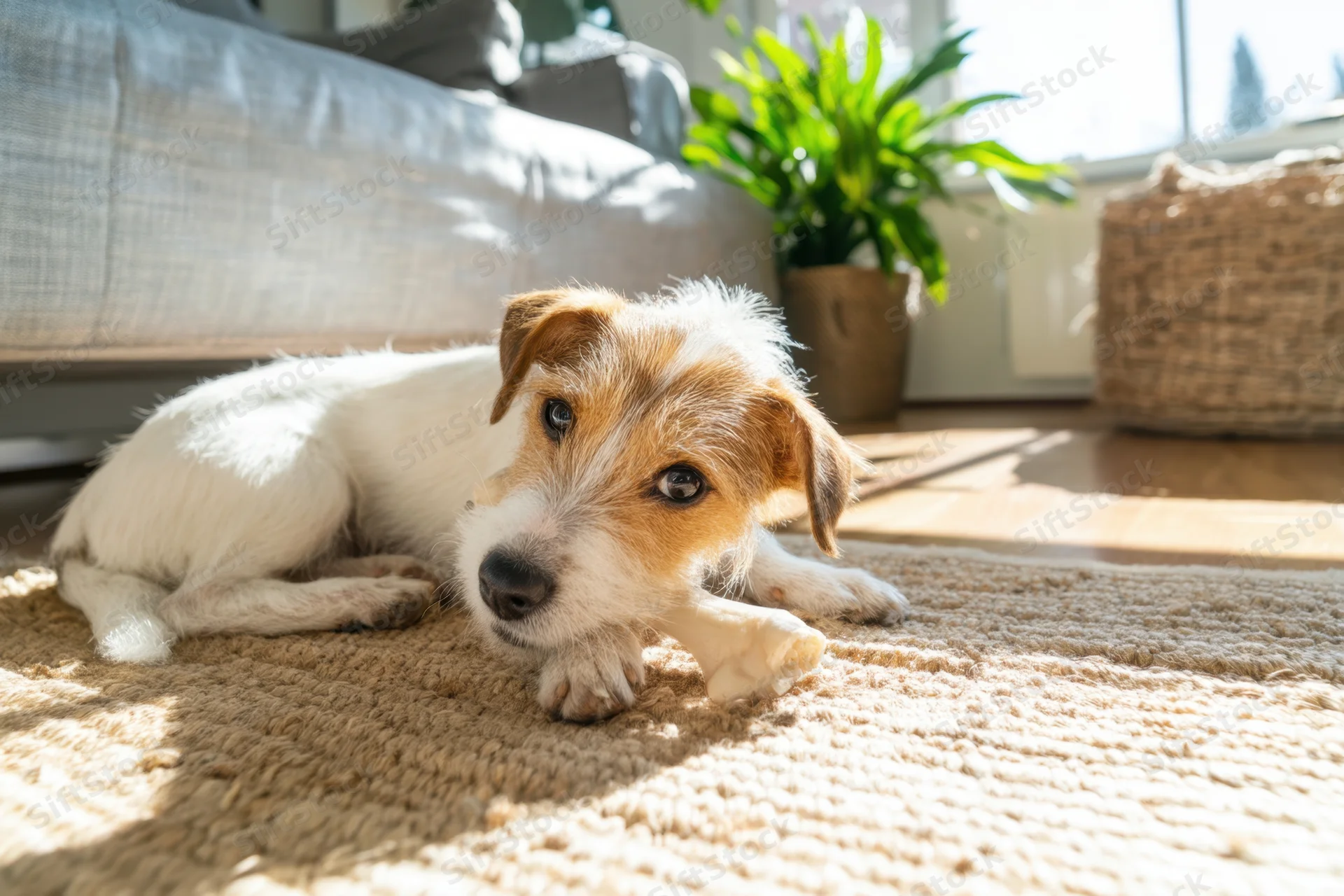 Jack russell puppy lying on textured jute rug in sunlit living room
