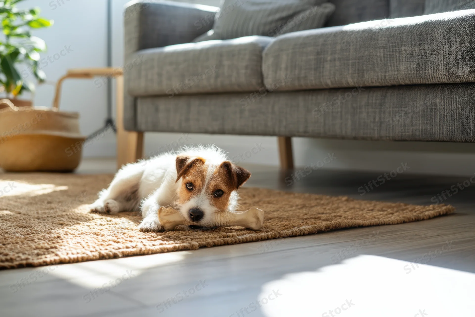 Small jackrussell puppy lying on jute rug chewing bone in living room