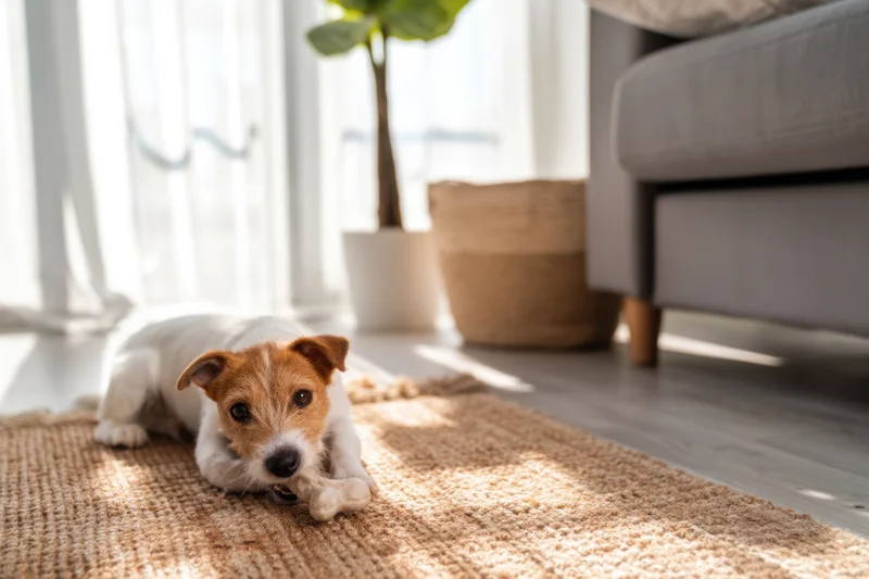 Small jackrussell puppy lying on textured jute rug in sunlit living room