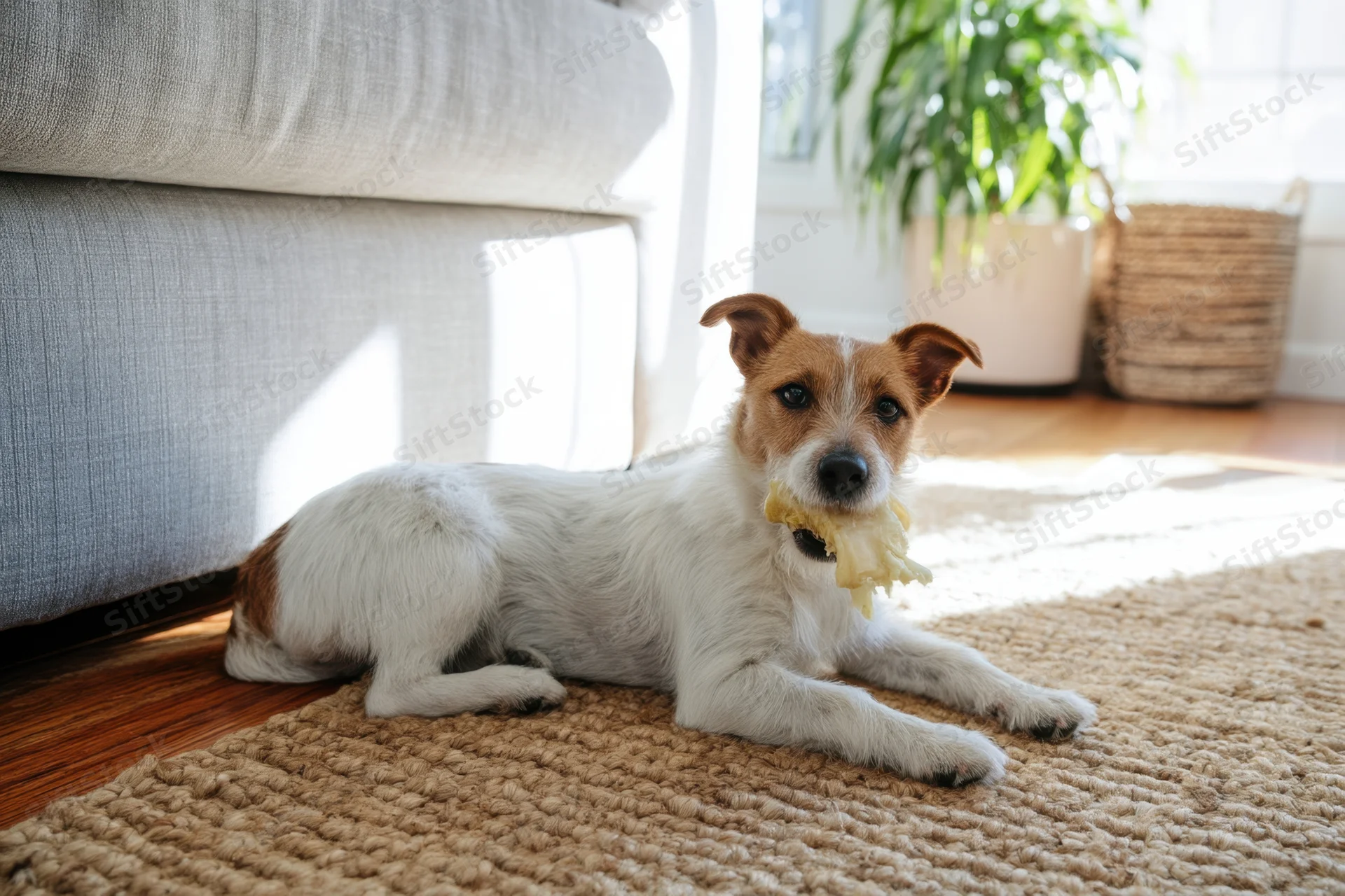 Small white and tan jack russell lying on textured jute rug chewing bone in living room