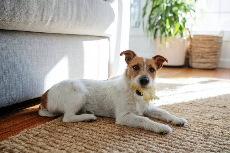 Small white and tan jack russell lying on textured jute rug chewing bone in living room