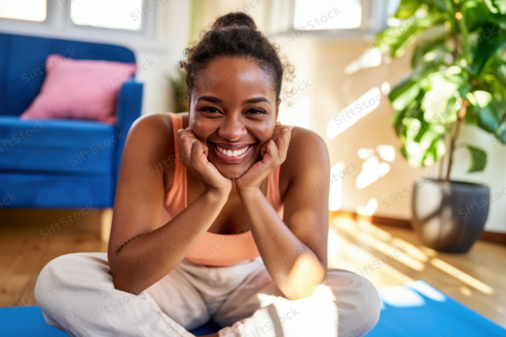 Smiling woman sitting crosslegged on blue yoga mat in sunlit living room
