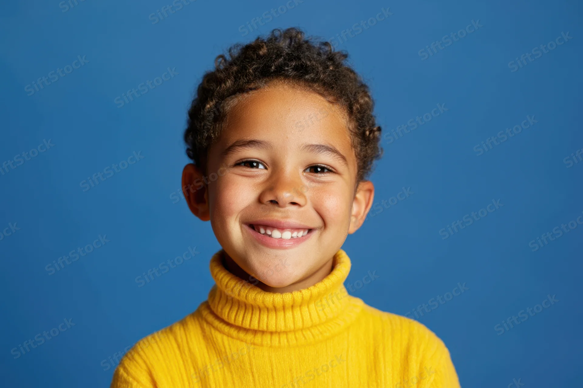 Smiling young boy in yellow turtleneck sweater against blue background