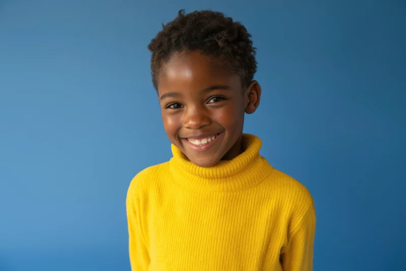 Smiling young african boy in yellow turtleneck sweater against blue background