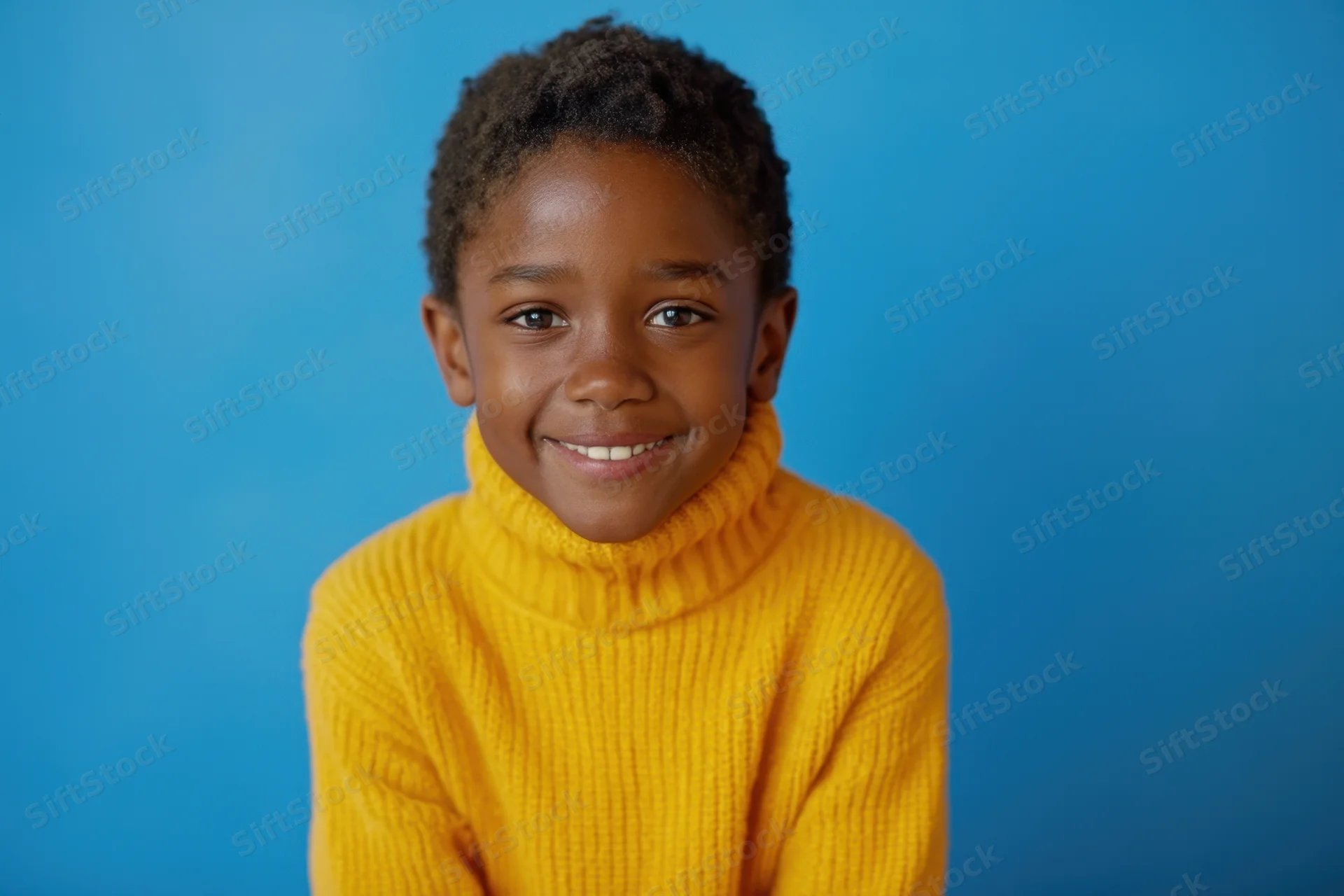 Smiling young boy in yellow turtleneck sweater against blue background