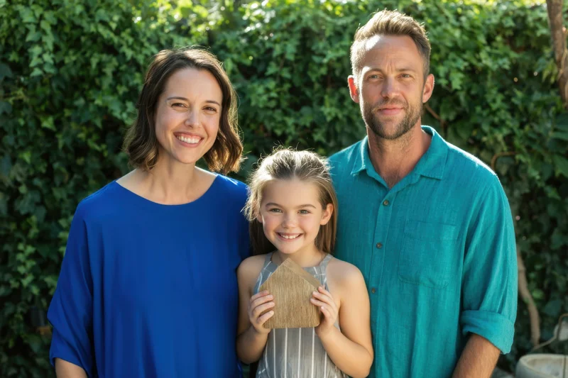 Smiling family of three standing together in a sunny garden with green foliage behind them