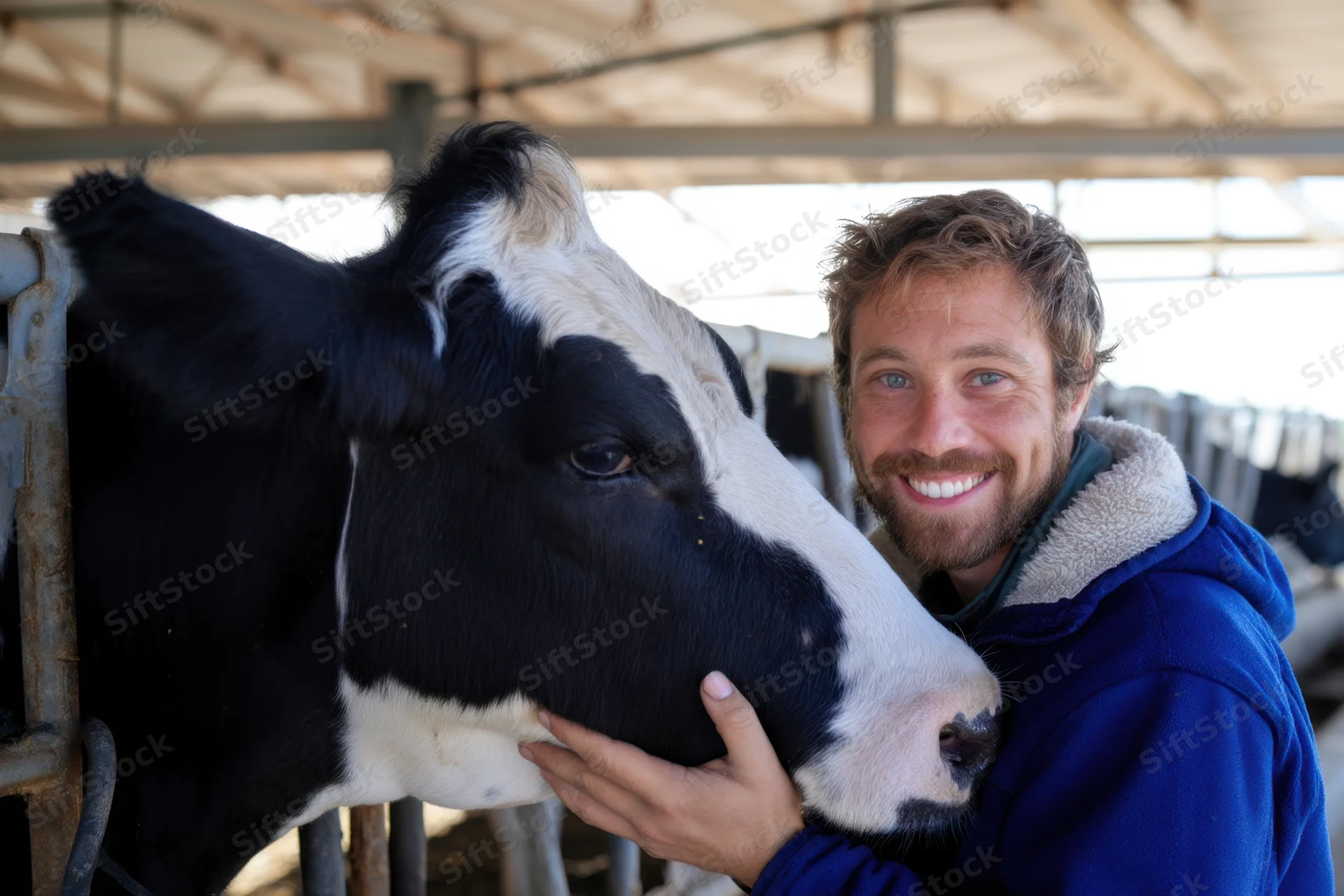 Farmer smiling while petting a black and white cow in a barn