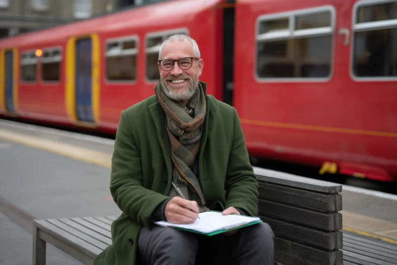 Smiling senior man writing in notebook while sitting on bench at train station platform