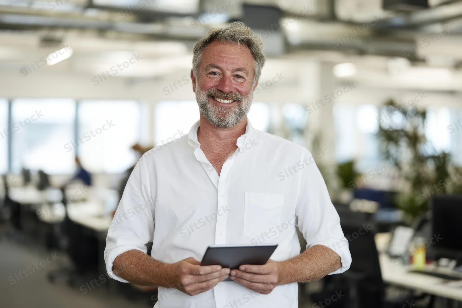 Smiling man in white shirt holding tablet in bright open-plan office