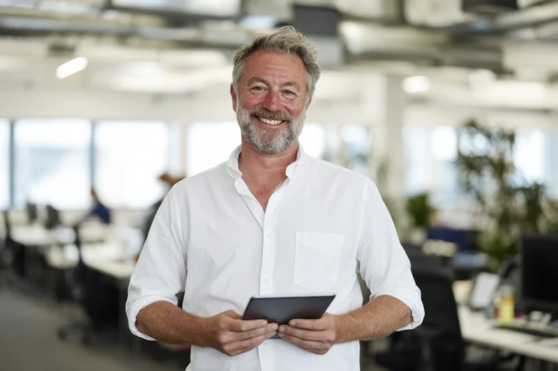 Smiling man in white shirt holding tablet in bright open-plan office