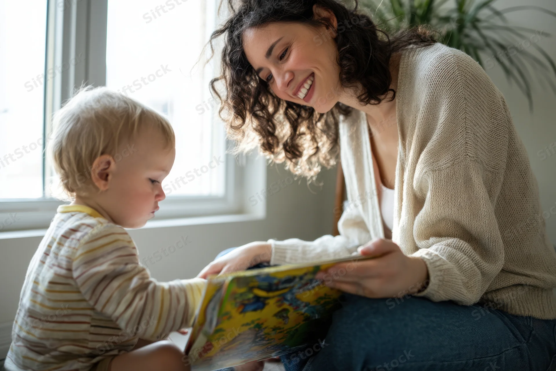 Mother reading a book to her toddler on the floor by a window