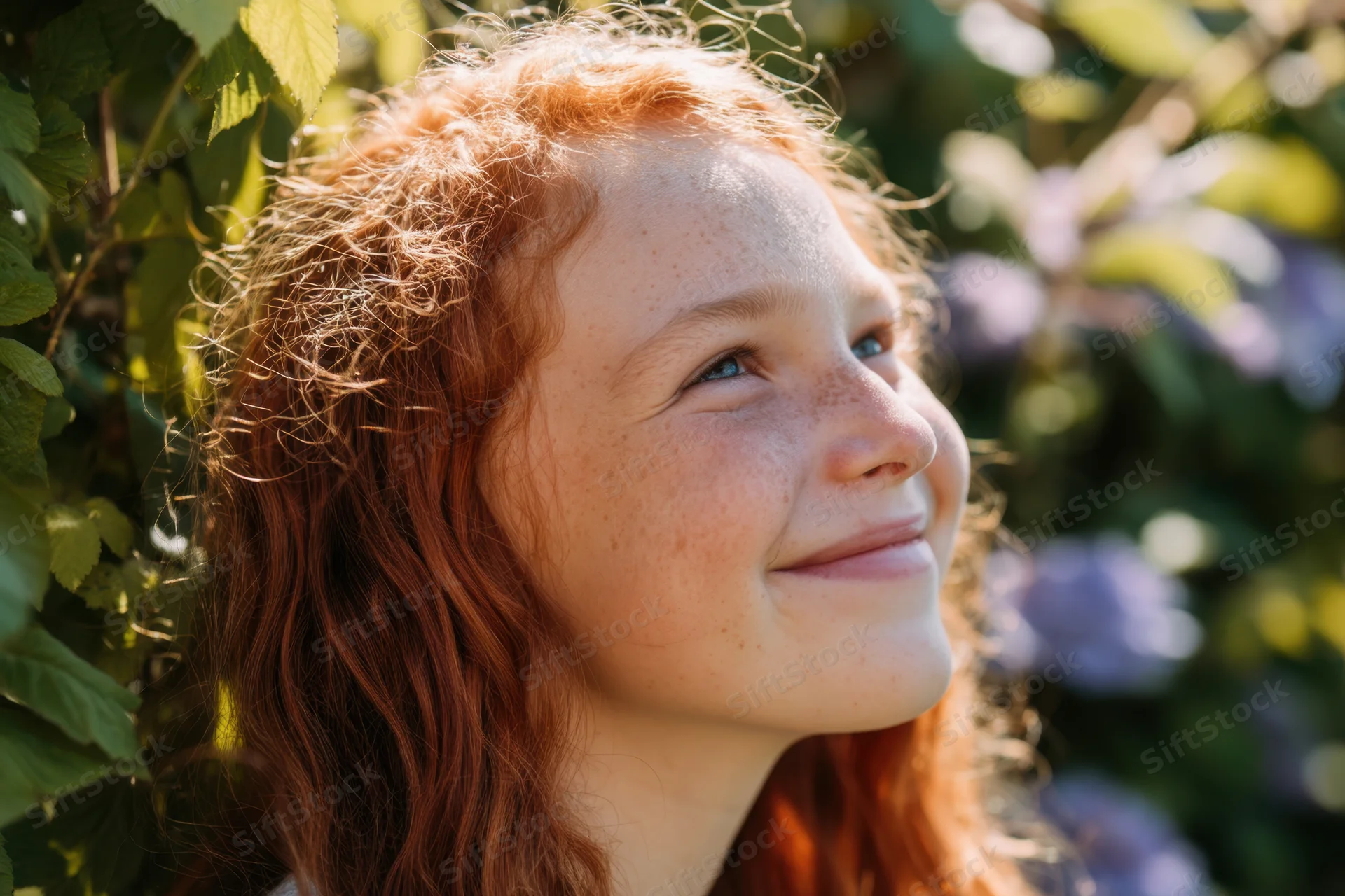 Young girl with red hair and freckles smiling in a sunlit garden among green leaves and purple flowers