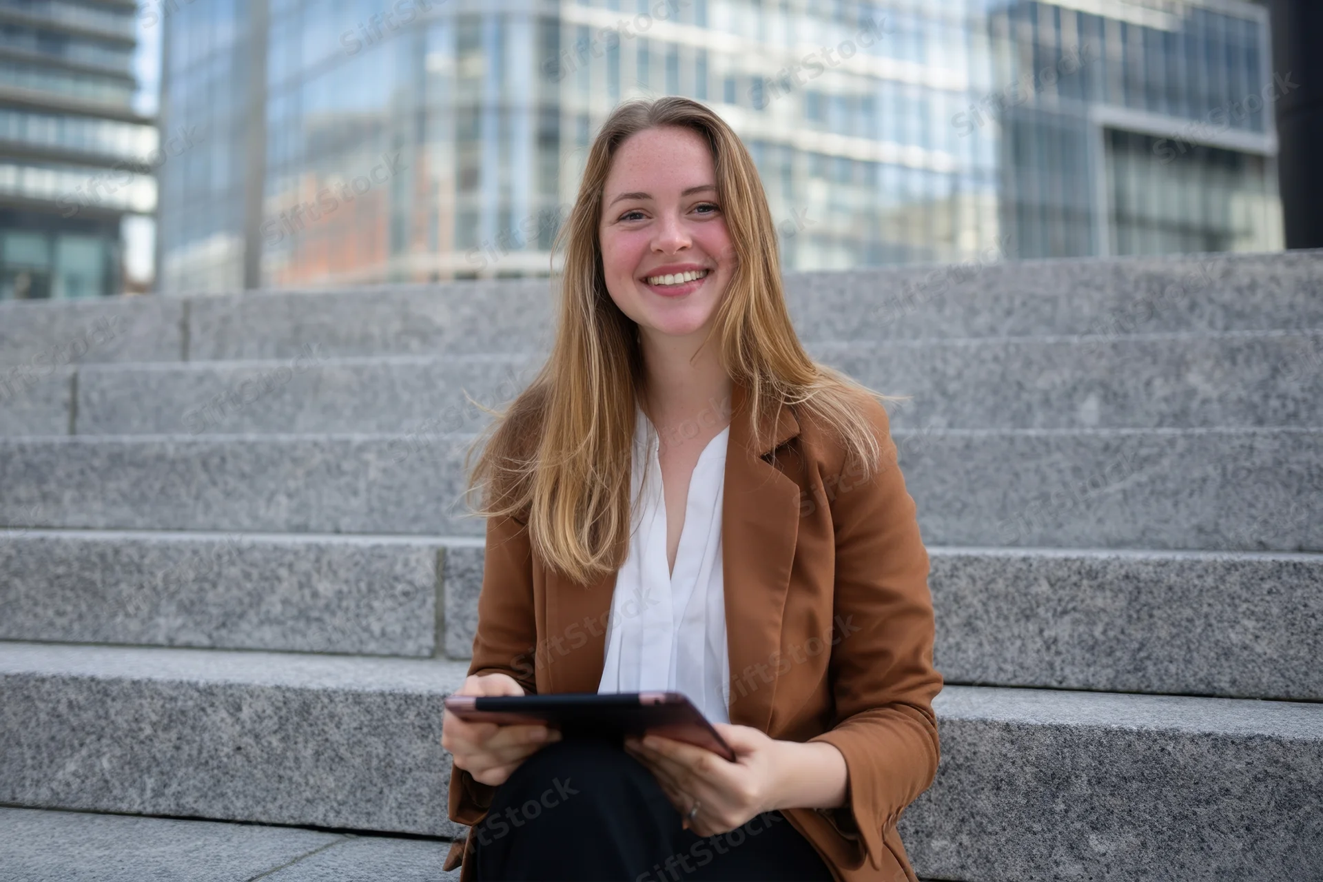 Woman in brown blazer and white blouse sitting on granite steps outdoors holding tablet smiling