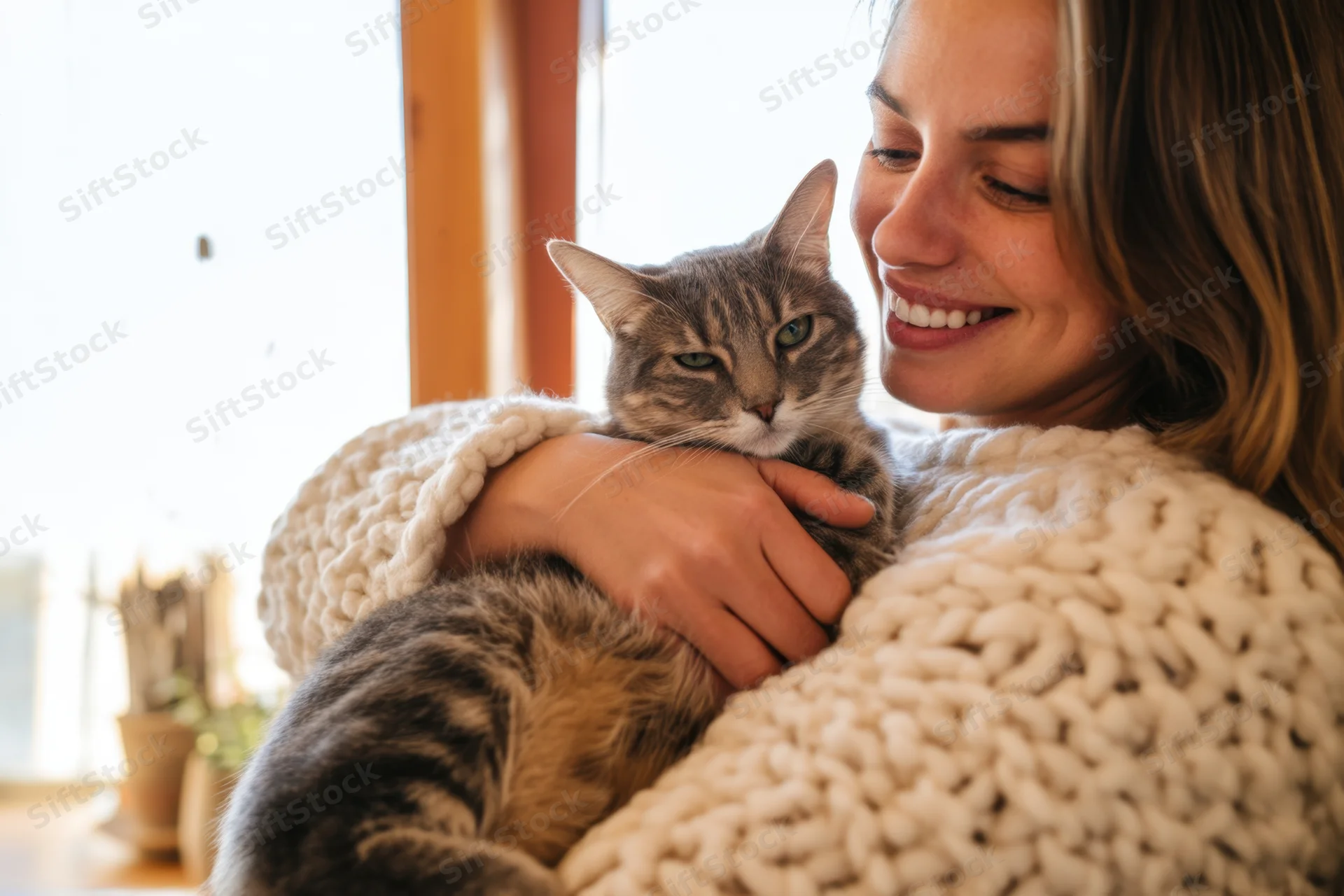 Woman smiling while cuddling a gray tabby cat indoors in a cream chunky knit sweater