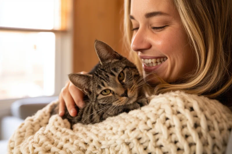Woman smiling while cuddling a tabby cat in a cream knit sweater indoors