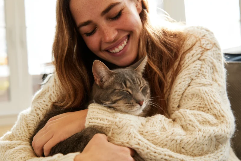 Woman smiling while cuddling a gray tabby cat indoors in a cream knit sweater