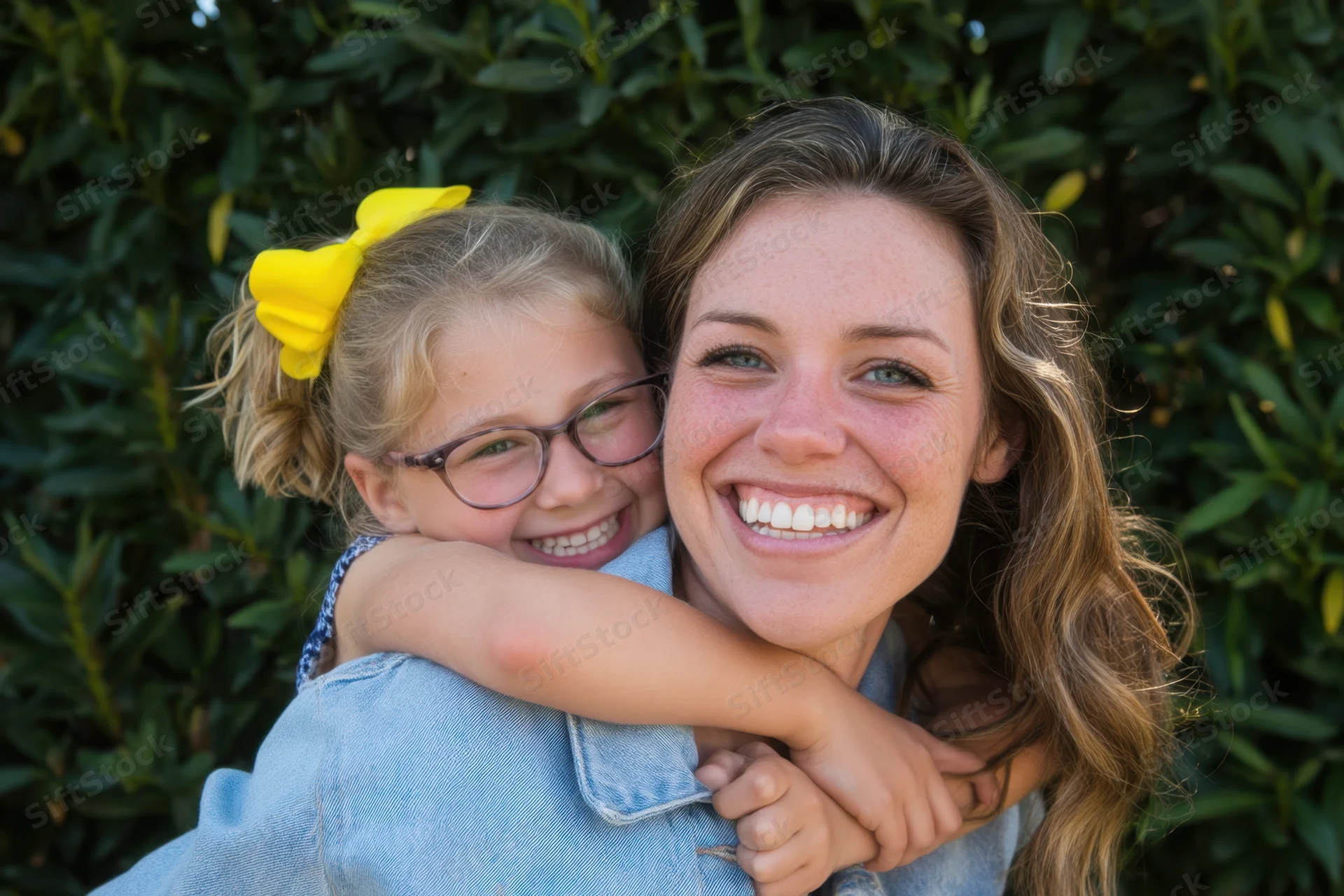 Woman smiling while being hugged from behind by a young girl in a garden