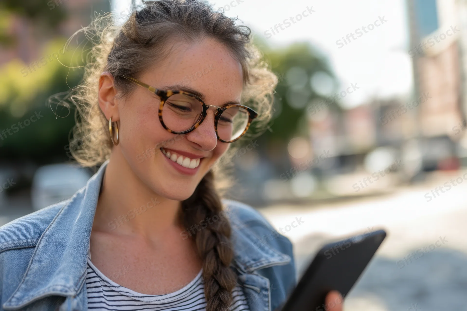 Smiling woman in denim jacket holding tablet outdoors on city street