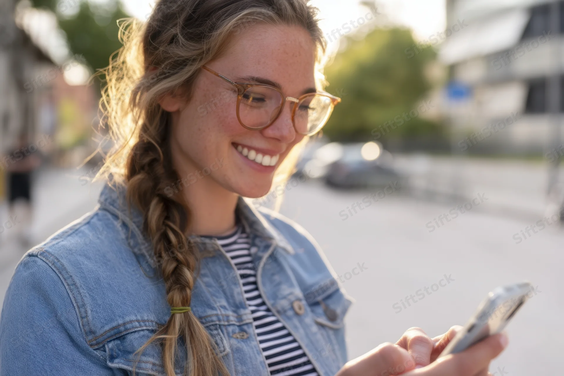 Young woman smiling while using smartphone on city sidewalk