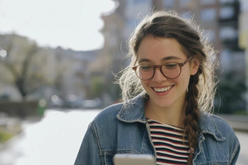 Smiling woman with glasses wearing denim jacket over striped shirt outdoors in city street