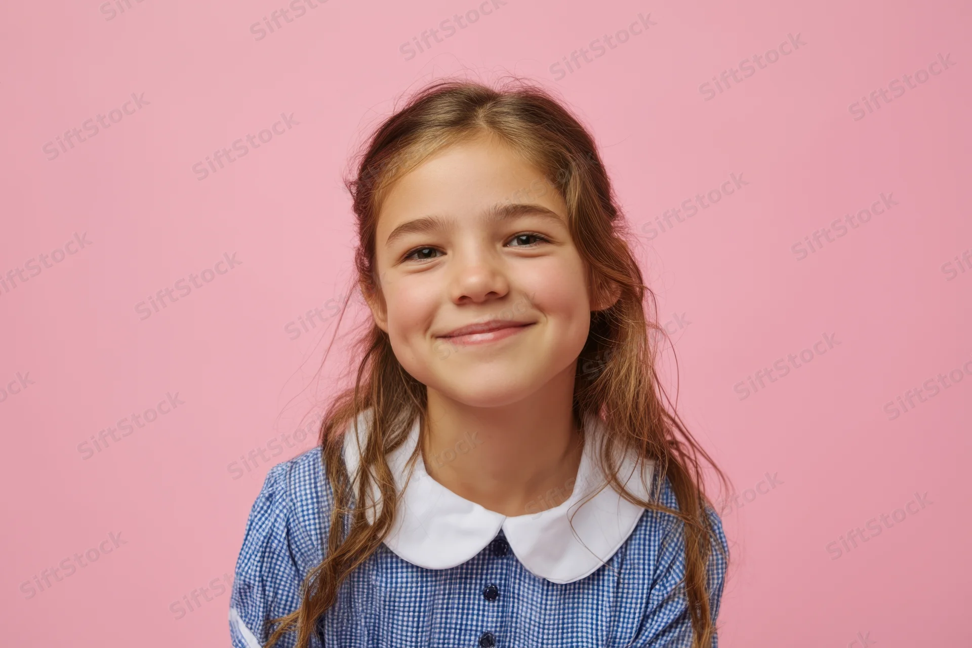 Smiling young girl in blue checkered dress with white collar against pink background