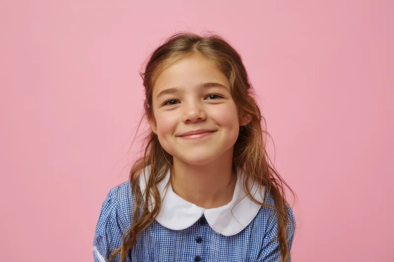 Smiling young girl in blue checkered dress with white collar against pink background