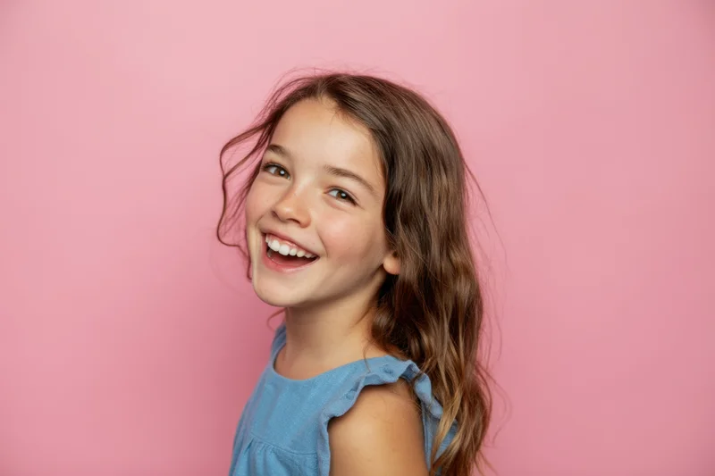 Smiling young girl in blue dress against pink background
