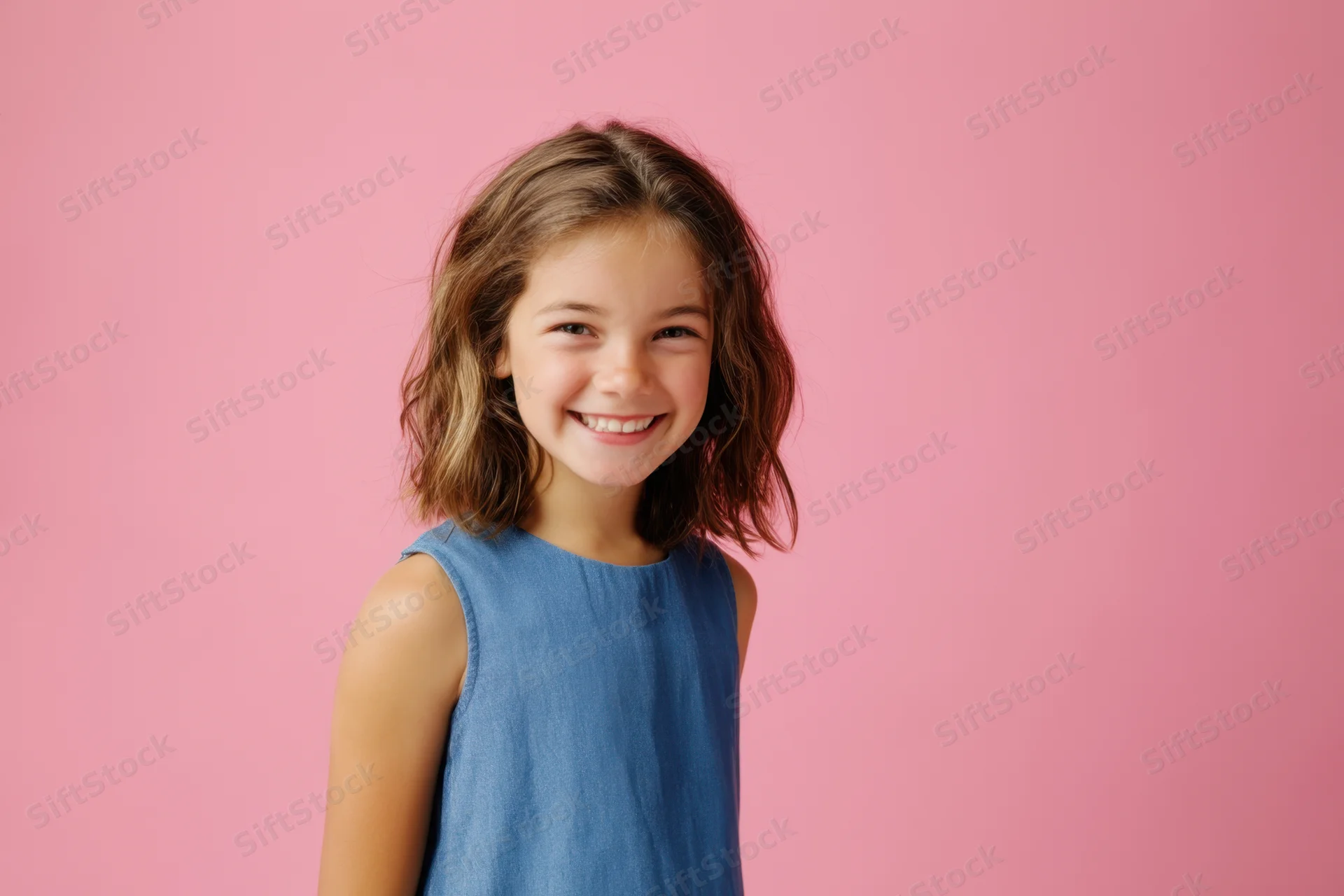 Smiling young girl in blue dress against pink background
