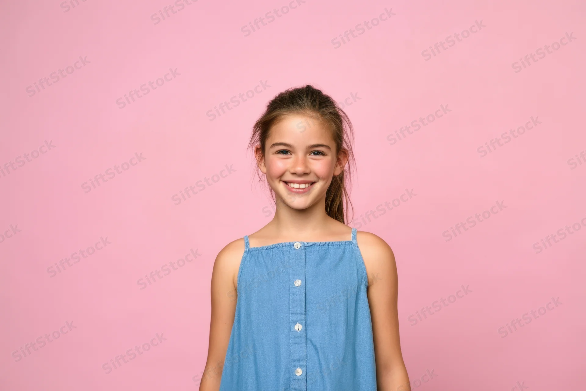 Smiling young girl in blue dress standing against pink background