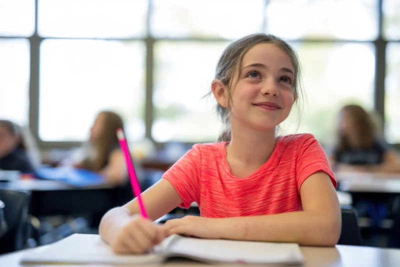 Young girl smiling while writing in a notebook at a classroom desk