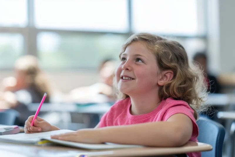 Young girl smiling while holding a pink pencil at a classroom desk