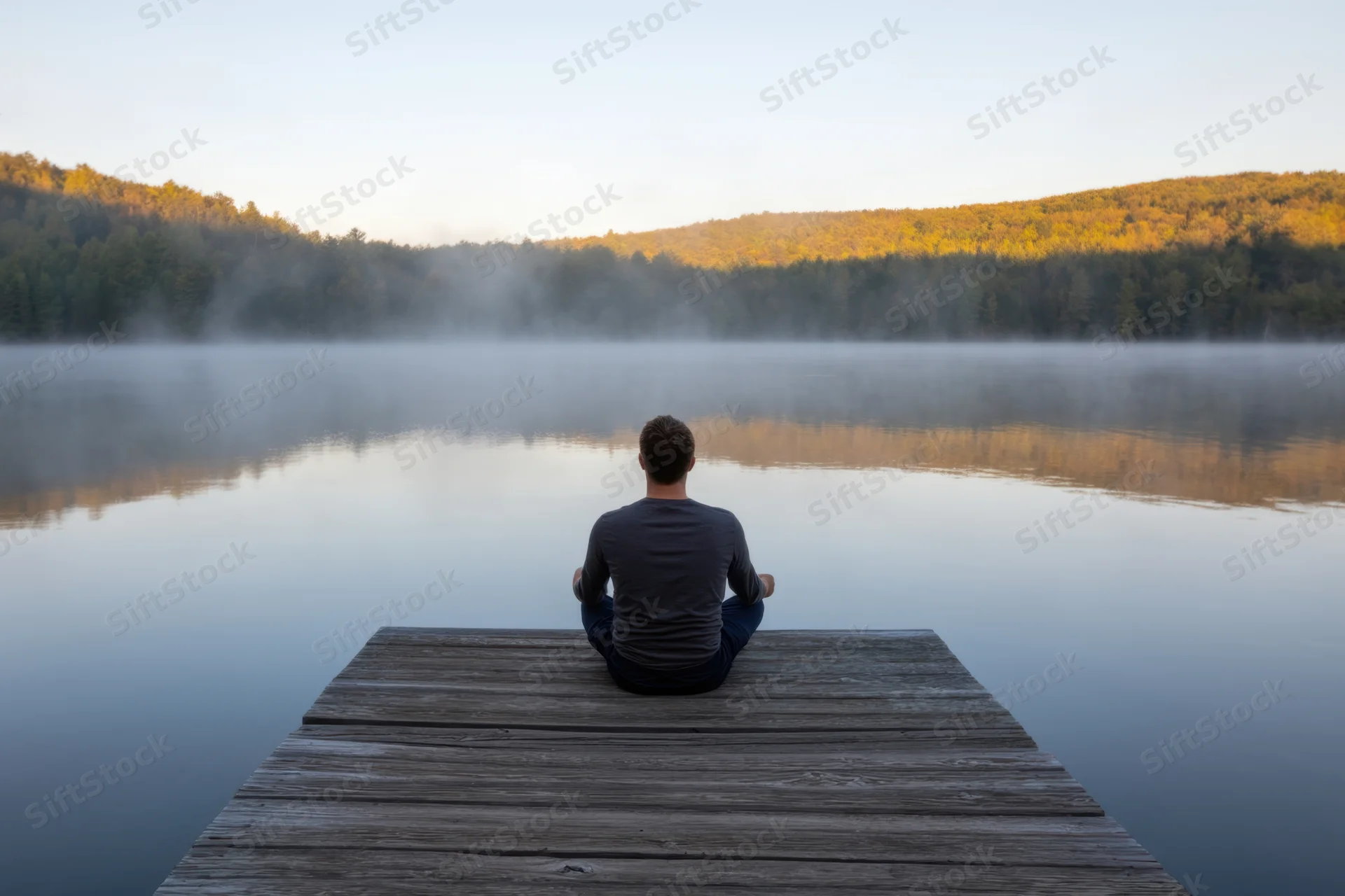Man meditating cross-legged on wooden dock facing misty lake at sunrise