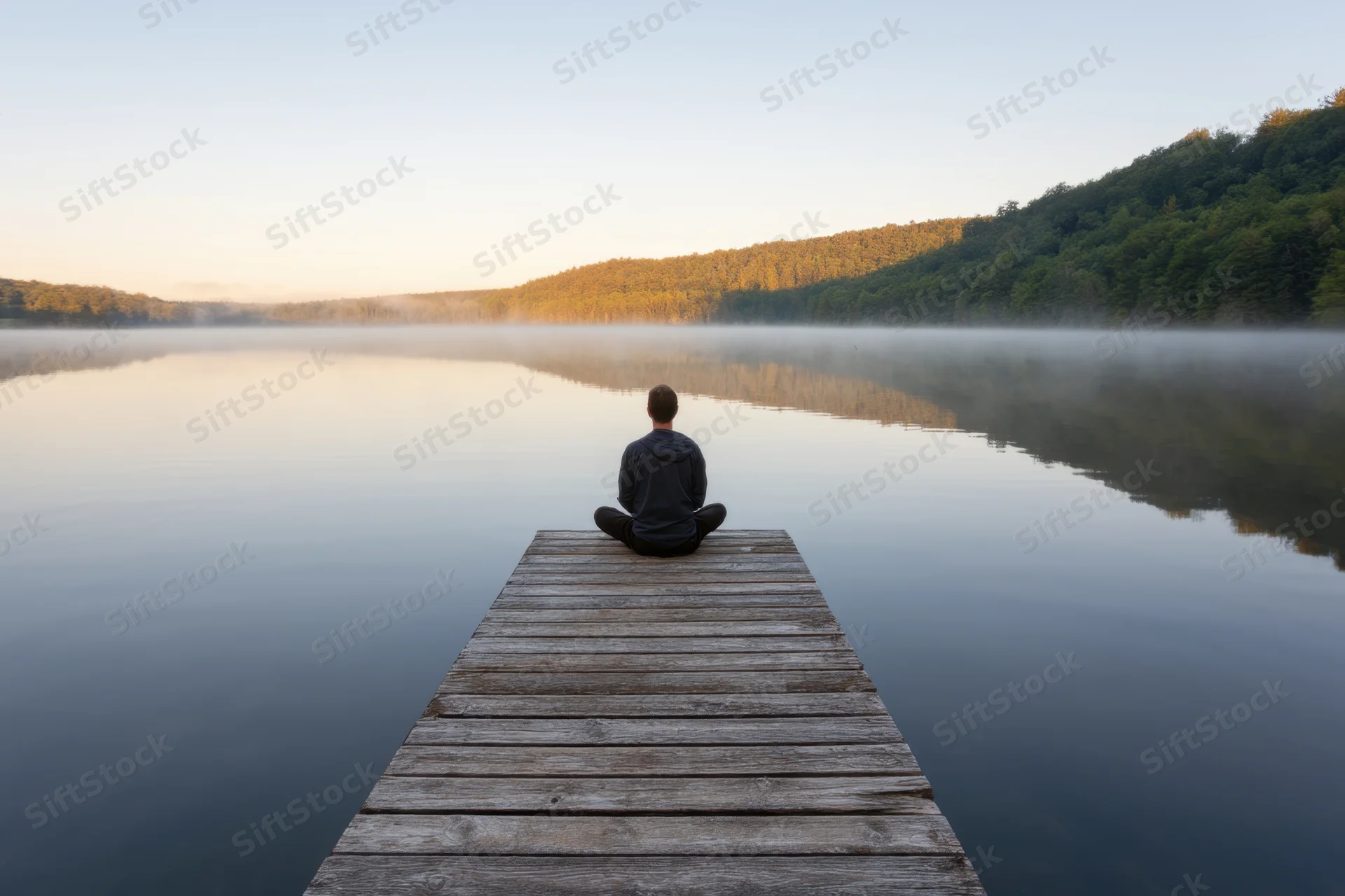 Man sitting cross-legged at end of wooden dock overlooking misty lake at sunrise