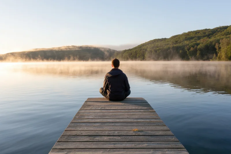 Man sitting cross-legged at end of wooden dock overlooking misty lake at sunrise