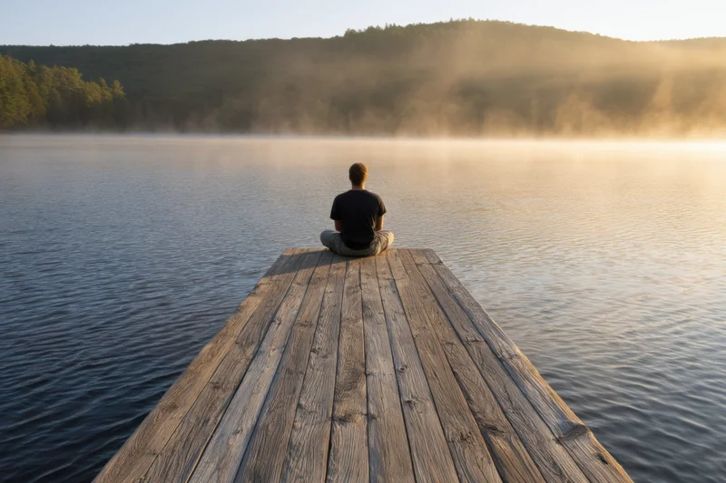 Man sitting cross-legged at end of wooden dock overlooking misty lake at sunrise