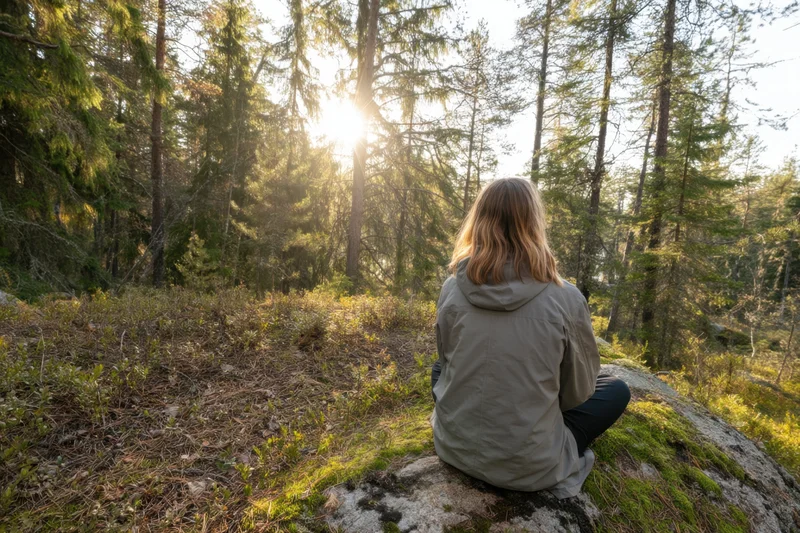 Woman sitting cross-legged on a mossy rock in a sunlit forest
