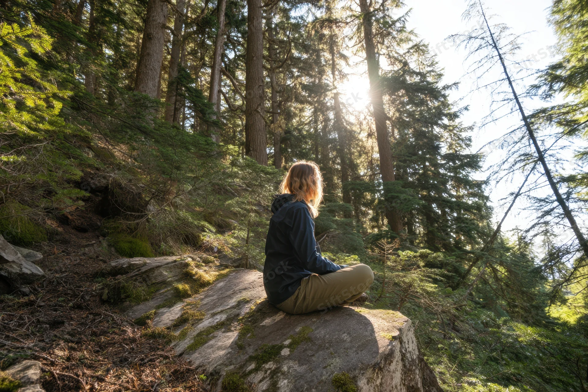 Woman sitting cross-legged on a mossy rock in a sunlit forest