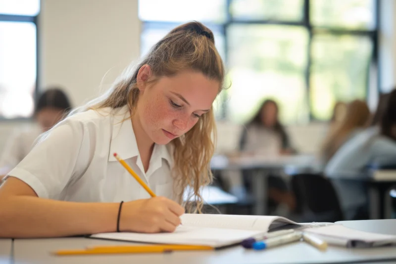 Student writing in notebook at desk in classroom