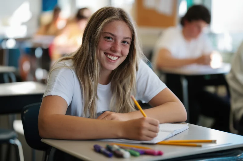 Young woman student smiling while writing in a notebook at a classroom desk