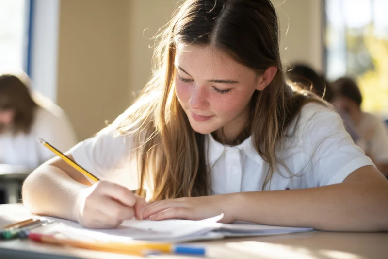 Young woman writing in a notebook at a desk in a classroom