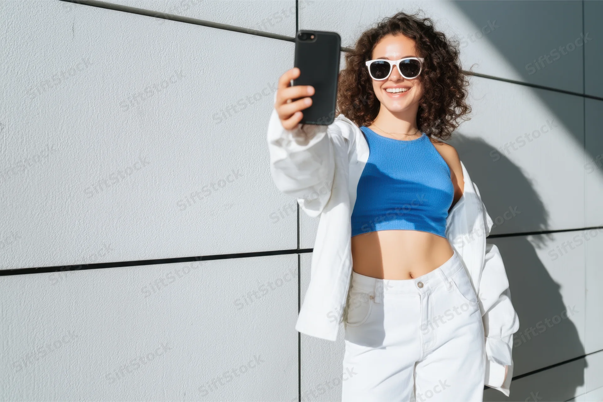 Woman taking selfie with smartphone against white wall outdoors