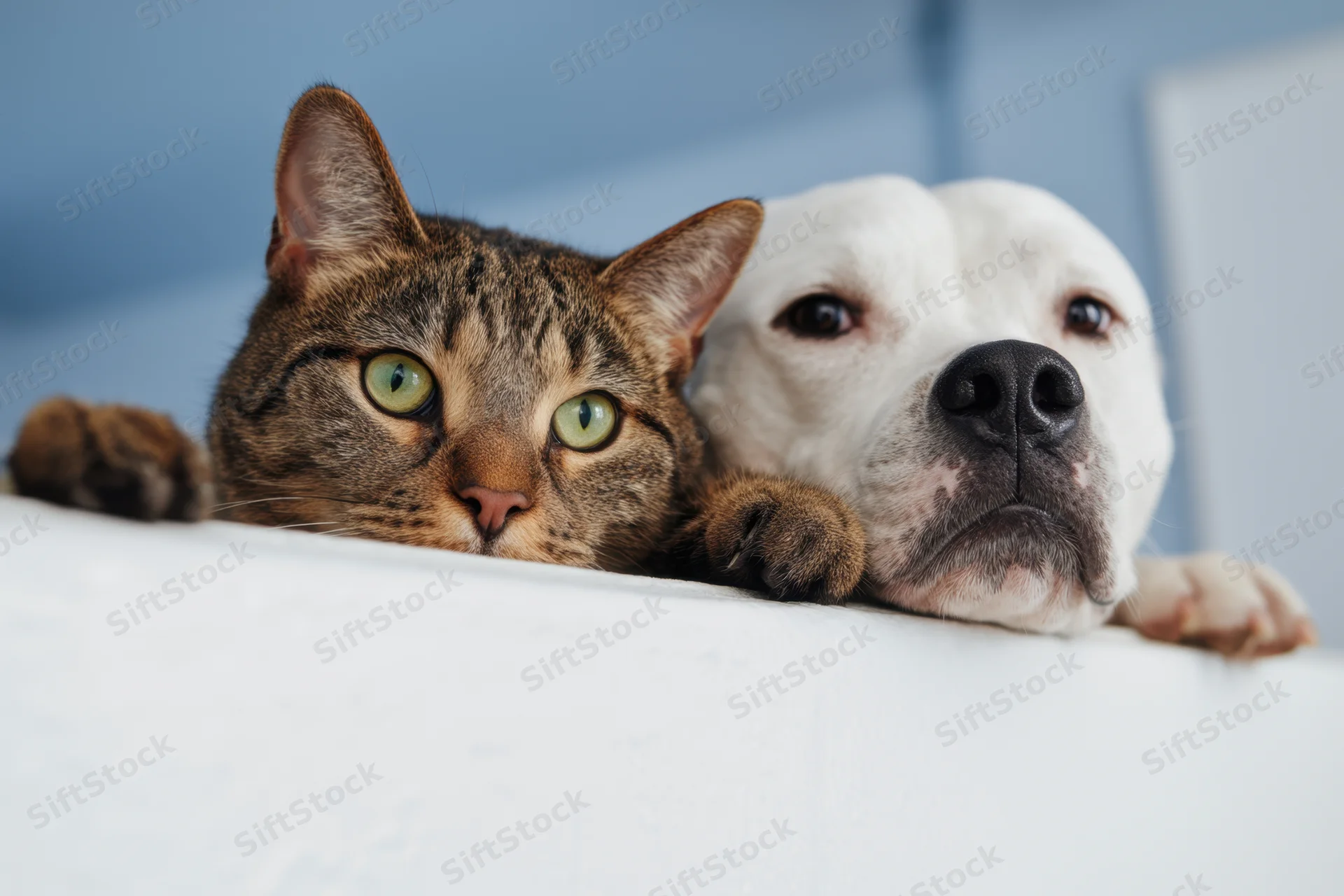 Tabby cat and white dog peeking over a white ledge indoors