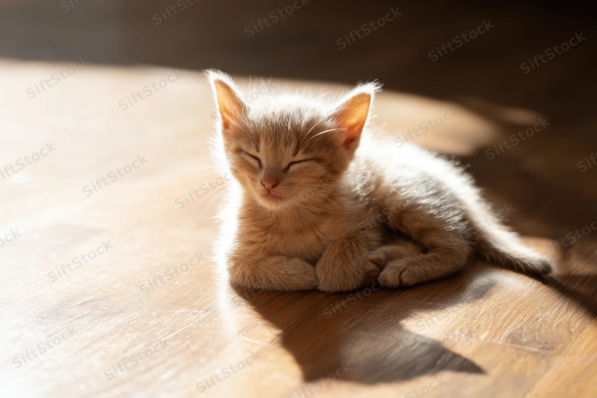 Tiny kitten sleeping with eyes closed on sunlit wooden floor